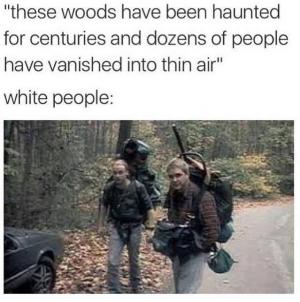 "These woods have been haunted for centuries and dozens of people have vanished into thin air"

White people: