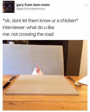 *Ok, dont let them know ur a chicken*

Interviewer: What do u like

Me: Not crossing the road