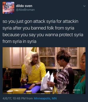 So you just gon attack Syria for attackin Syria after you banned folk from Syria because you say you wanna protect Syris from Syria in Syria