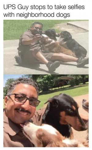 UPS guy stops to take selfies with neighborhood dogs