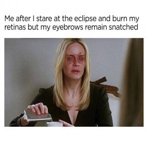 Me after I stare at the eclipse and burn my retinas but my eyebrows remain snatched 