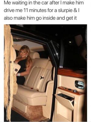 Me waiting in the car after I make him drive me 11 minutes for a Slurpie & I also make him go inside and get it