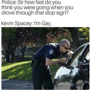 Police: Sir how fast do you think you were going when you drove though that stop sign?

Kevin Spacey: I'm gay.