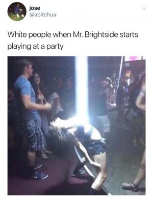 White people when Mr. Brightside starts playing at a party