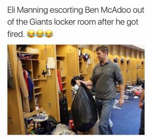 Eli Manning escorting Ben McAdoo out of the Giants locker room after he got fired