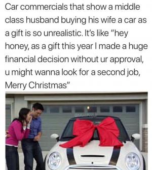 Car commercials that show a middle class husband buying his wife a car as a gift is so unrealistic. It's like "hey honey, as a gift this year I made a huge financial decision without ur approval, u might wanna look for a second job, Merry Christmas"