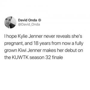 I hope Kylie Jenner never reveals she's pregnant, and 18 years from now a fully grown Kiwi Jenner makes her debut on the KUWTK season 32 finale