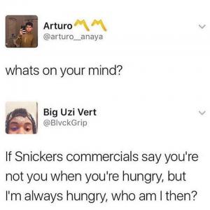 What's on your mind?

If Snickers commercials say you're not you when you're hungry, but I'm always hungry, who am I then?