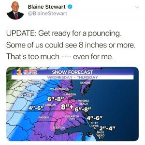 Update: Get ready for a pounding. Some of us could see 8 inches or more. That's too much --- even for me,