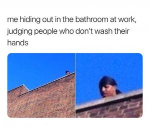 Me hiding out in the bathroom at work judging people who don't wash their hands