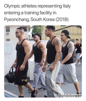 Olympic athletes representing Italy entering a training facility in Pyeonchang, South Korea (2018)