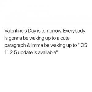 Valentine's Day is tomorrow. Everybody is gonna be waking up to a cute paragraph & imma be waking up to "iOS 11.2.5 update is available"