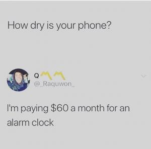 How dry is your phone?

I'm paying $60 a month for an alarm clock
