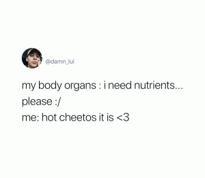 My body organs: I need nutrients... please :/

Me: Hot cheetos it is <3