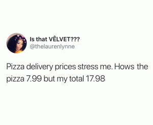Pizza delivery prices stress me. Hows the pizza 7.99 but my total 17.98