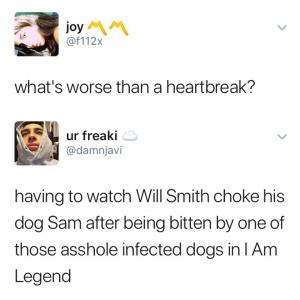 What's worse than a heartbreak?

Having to watch Will Smith choke his dog Sam after being bitten by one of those asshole infected dogs in I Am Legend