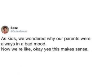 As kids, we wondered why our parents were always in a bad mood.

Now we're like, okay yes this makes sense.