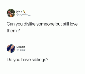 Can you dislike someone but still love them?

Do you have siblings?