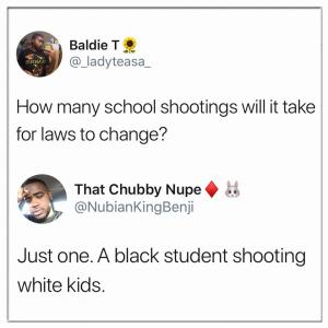 How many school shootings will it take for laws to change?

Just one. A black student shooting white kids.