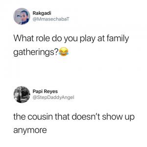 What role do you play at family gatherings?

The cousin that doesn't show up anymore