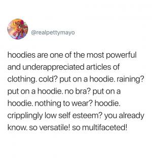 Hoodies are one of the most powerful and underappreciated articles of clothing. Cold? Put on a hoodie. raining? Put on a hoodie. No bra? Put on a hoodie. Nothing to wear? Hoodie. Cripplingly low self esteem? You already know. So versatile! So multifaceted! 