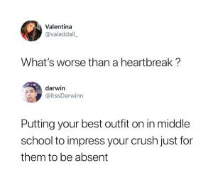 What's worse than a heartbreak?

Putting your best outfit on in middle school to impress your crush just for them to be absent