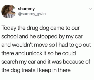 Today the drug do came to our school and he stopped by my car and wouldn't move so I had to go out there and unlock it so he could search my car and it was because of the dog treats I keep in there