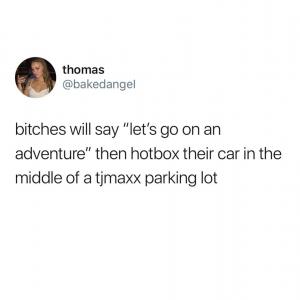 Bitches will say "let's go on an adventure" then hotbox their car in the middle of TjMaxx parking lot