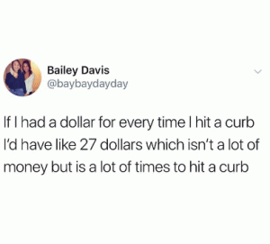 If I had a dollar for every time I hit a curb I'd have like 27 dollars which isn't a lot of money but is a lot of times to hit a curb 