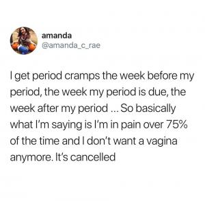 I get period cramps the week before my period, the week my period is due, the week after my period ... So basically what I'm saying is I'm in pain over 75% of the time and I don't want a vagina anymore. It's cancelled