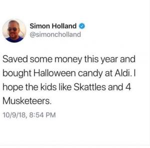 Saved some money this year and bought Halloween candy at Aldi. I hope the kids like Skattles and 4 Misketeers.