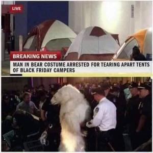 Breaking news

Man in bear costume arrested for tearing apart tents of Black Friday campers