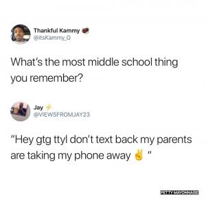 What's the most middle school thing you remember?

"Hey gtg ttyl don't text back my parents are taking my phone away"