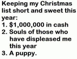 Keeping my Christmas list short and sweet this year:

1. $1,000,000 in cash

2. Souls of those who have displeased me this year

3. A puppy.