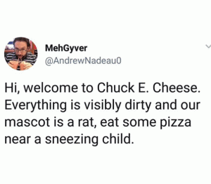 Hi, welcome to Chuck E. Cheese. Everything is visibly dirty and our mascot is a rat, eat some pizza near a sneezing child.
