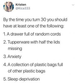 By the time you turn 30 you should have at lease on of the following:

1. A drawer full of random cords

2. Tupperware with half the lids missing

3. Anxiety

4. A collection of plastic bags full of other plastic bags

5. Sleep deprivation