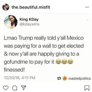 Lmao Trump really told y'all Mexico was paying for the wall to get elected & now y'all happily giving to a gofundme to pay for it finessed!