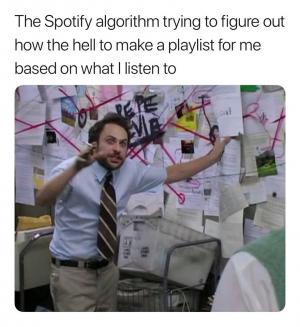 The Spotify algorithm trying to figure out how the hell to make a playlist for me based on what I listen to