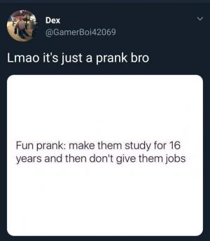 Lmao it's just a prank bro

Fun prank: make them study for 16 years and then don't give them jobs
