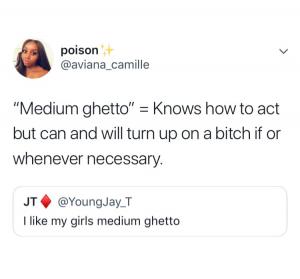 "Medium ghetto" = knows how to act but can and will turn up on a bitch if whenever necessary. 

I like my girls medium ghetto