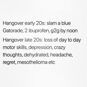 Hangover early 20s: slam a blue Gatorade, 2 ibuprofen, g2g by noon

Hangover late 20s: Loss of day to day motor skills, depression, crazy thoughts, dehydrated, headache, regret, mesothelioma etc