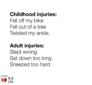Childhood injuries:
Fell off my bike
Fell out of a tree
Twisted my ankle.

Adult injuries:
Slept wrong
Sat down too long
Sneezed too hard