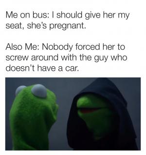 Me on the bus: I should give her my seat, she's pregnant.

Also me: Nobody forced her to screw around with the guy who doesn't have a car.