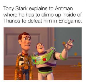 Tony Stark explains to Antman where he has to climb up inside of Thanos to defeat him in Endgame.