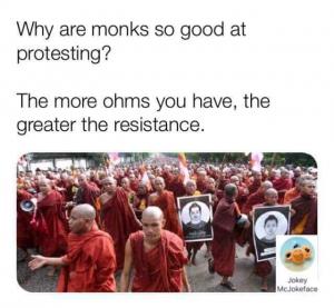 Why are monks so good at protesting?

The more ohms you have, the greater the resistance. 