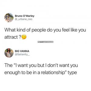 What kind of people do you feel like you attract?

The "I want you but I don't want you enough the be in a relationship" type
