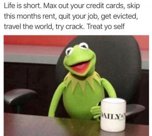 Life is short. Max out your credit cards, skip this months rent, quit your job, get evicted, travel the world, try crack. Treat yo self.