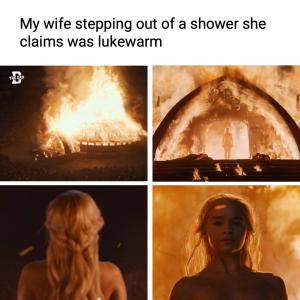 My wife stepping our of a shower she claims was lukewarm