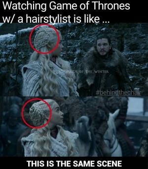 Watching Game of Thrones w/  a hairstylist is like ...

This is the same scene