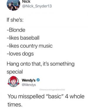 If she's:  

-blonde
-likes baseball
-likes country music
-loves dogs

Hang onto that, it's something special

You misspelled "basic" 4 whole times.